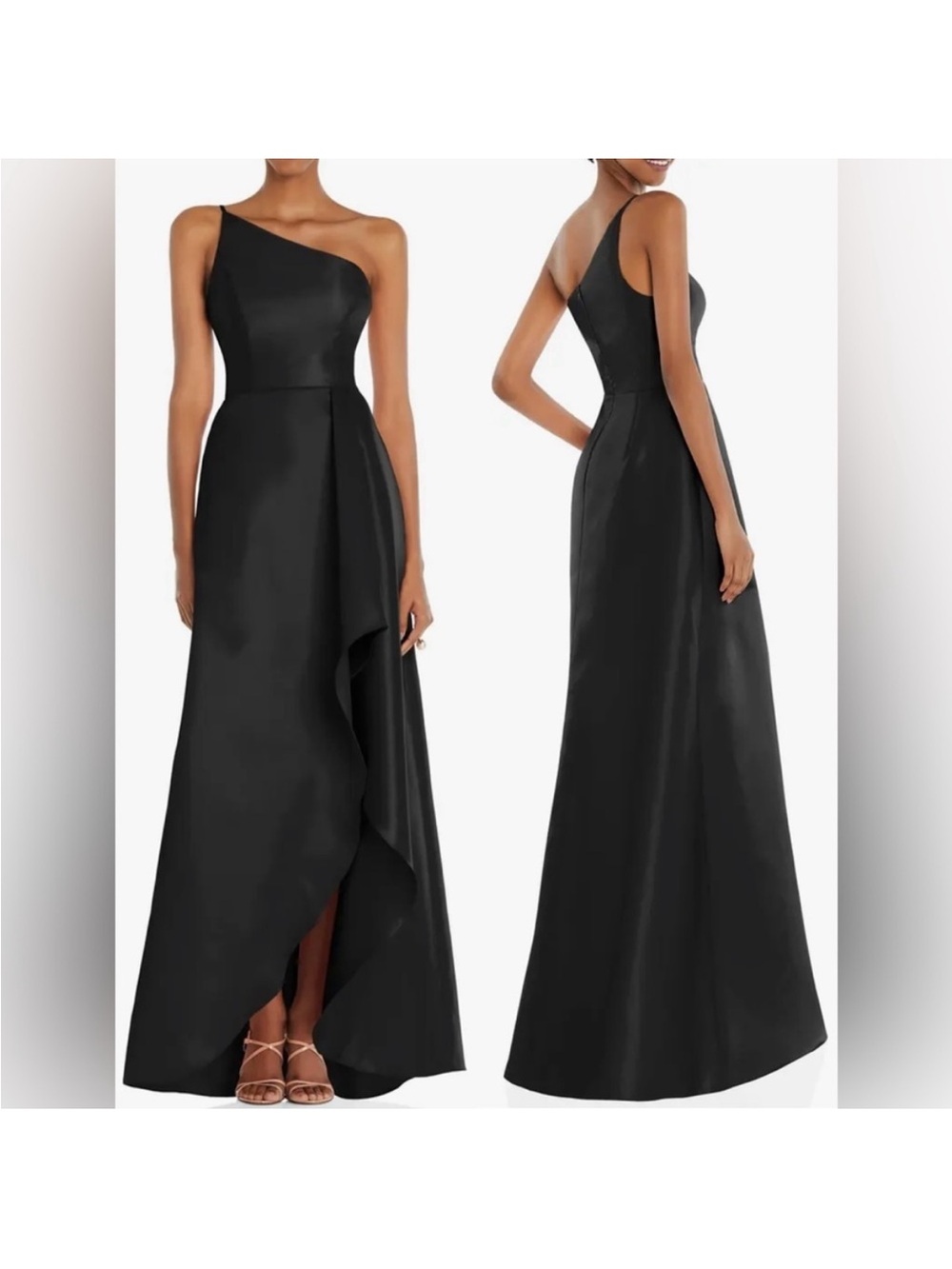 ALFRED SUNG One-Shoulder Black Satin Evening Gown